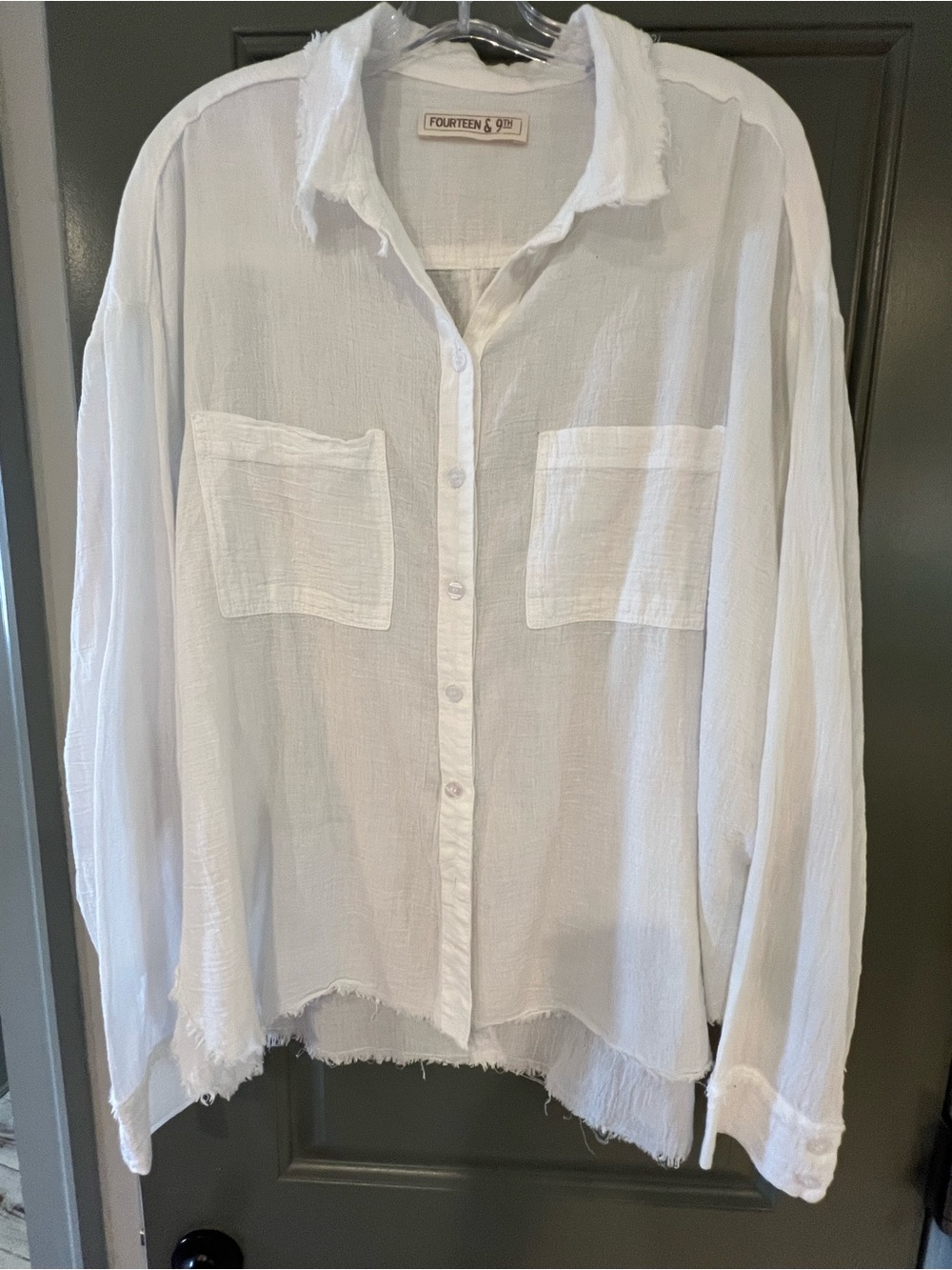 Beach Coverup button up Shirt Raw Edge White Lightweight